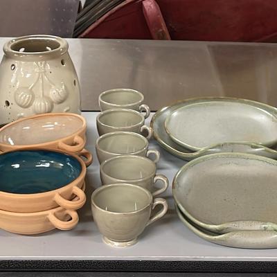 Art Pottery Plates and Tea Cups, Tea Service and Garlic Cellar 