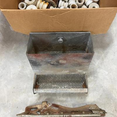Collection of Ceramic Electrical Insulators, Vintage Ice Skates, Galvanized Chicken Feeder