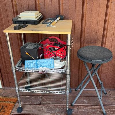 Storage Cart With Stool And Misc Shop Items 
