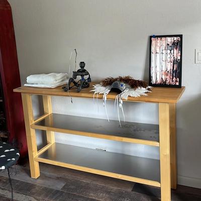 Storage Shelf Native American Art Piece and Unique Metal Fishing Themed Lamp