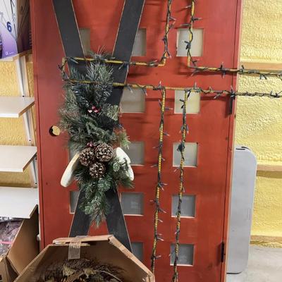 Alder wood Entry Door w/ Frame, Rebar Light Up Cross, Antique Wreath, Decorative Christmas Ski Set