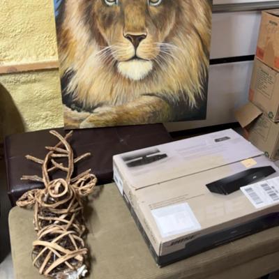 Bose Solo TV Sound System, Lion Painting, Two Ottomans, & Raindeer Decoration
