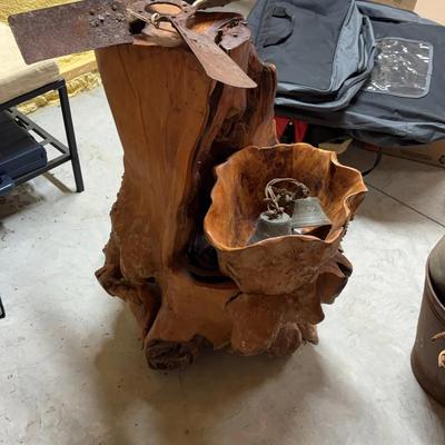 Unique Wooden Stand With Matching Bowl, Antique Saignelegier Bells & Antique Rustic Fan Decoration