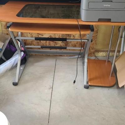 Brown Computer Desk With Glass Top & Brother Printer