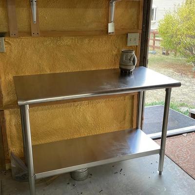 Steel Trinity Food Prep Table and Art Pottery Piece 