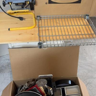 Rolling Cart/Work Surface, IKEA Metal Storage Rack, Shop Light, Assorted Kitchenwares