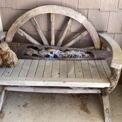 Wooden Bench & Metal Saw Decor 
