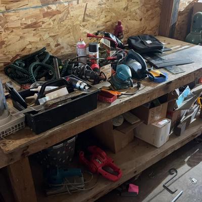 Large Shop Bench With Wheels & Assorted Tools & Materials