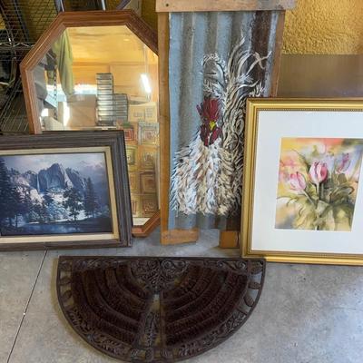 3 Art Pieces, Octagonal Mirror & Decorative Boot Scraper Mat