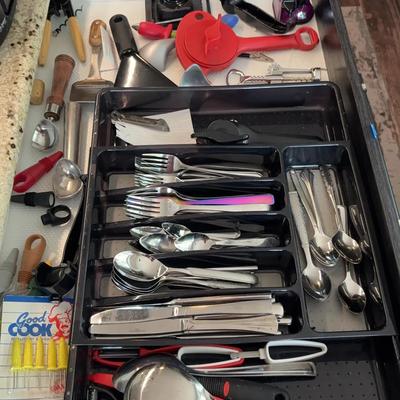 Measuring Cups, Silverware & Assorted Cooking Utensils