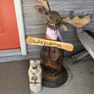 Wooden Moose Welcome Sign & Wood Bear 