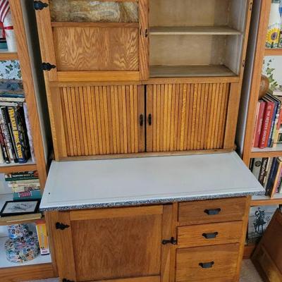 Greencastle Cabinet Co. Oak Hoosier Cabinet | Antique Kitchen Cupboard w/ Enamel Top