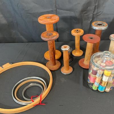 Antique Industrial Textile Mill Spools, Embroidery Hoops & Vintage Thread in Jar