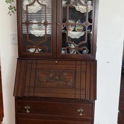 Vintage Secretary Desk With Glass Doors & Carved Drop Front Writing Surface

