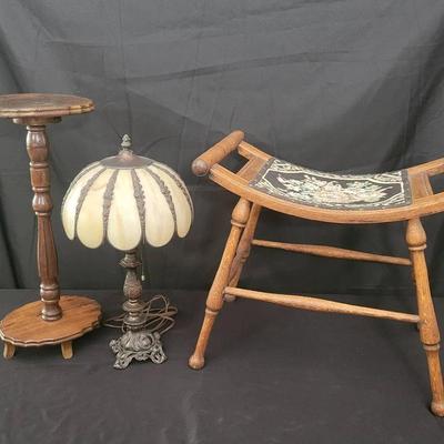 Antique Accent Furniture & Lamp Lot | Oak Stool, Side Table & Stained Glass Lamp