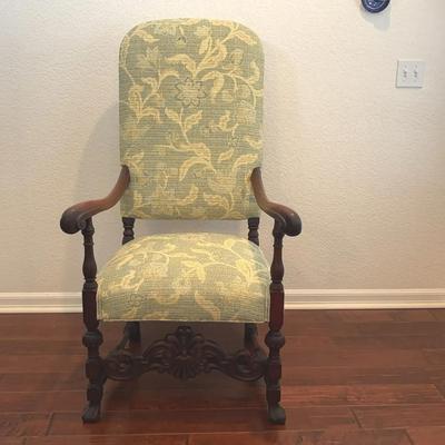 Antique Style Carved Armchair – Jacobean Revival with Upholstered Seat & Back, Shell Motif Base