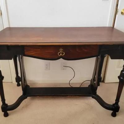 Antique Wooden Writing Desk with Drawer | Turned Legs & Brass Pull