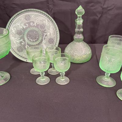 Vintage Uranium Vaseline Glass Set – Decanter, Goblets, Cordials, Compote & Tray | Depression Glass