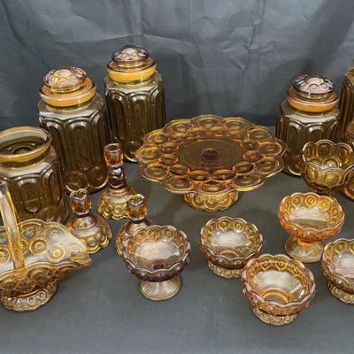 L.E. Smith Moon & Stars Amber Glass Collection | Canisters, Compotes, Basket & Cake Stand
