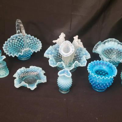 Fenton Blue Opalescent Hobnail Glass Collection – Baskets, Vases & Bowls | Lot of 8