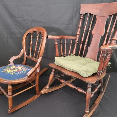 Pair of Antique Wooden Rocking Chairs | Needlepoint Seat & Spindle Back Rocker