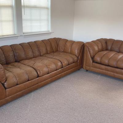 Leather Sofa & Chair Set – Plush Tufted Cushions in Rich Brown Upholstery | 2-Piece Living Room