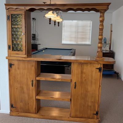 Rustic Wood Home Bar Cabinet with Glass Door & Shelving