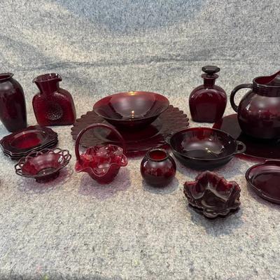 Ruby Red Glass Collection – 19 Pieces Including Pitcher, Vases, Bowls & Decorative Glassware