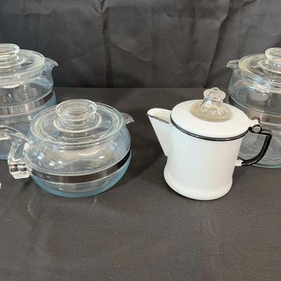 Vintage Pyrex Glass Coffee Pots with Lids & Enamel Coffee Pot