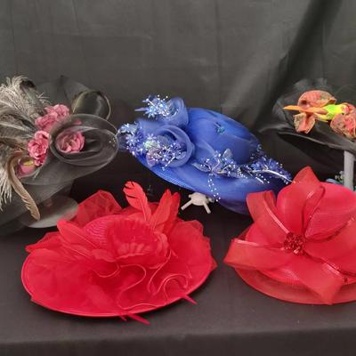 Vintage Ladies’ Dress Hats – Red, Blue & Black with Feathers, Flowers & Ribbons | Lot of 5