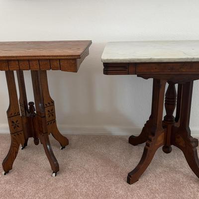 Pair of Eastlake Victorian Parlor Tables | Marble Top & Carved Wood Side Tables
