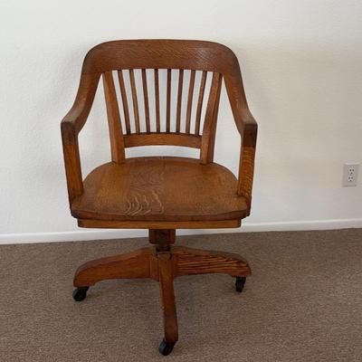Solid Oak Bankers Chair on Casters | Vintage Swivel Office Chair