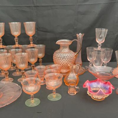 Pink Depression & Uranium Glass Collection | Goblets, Hobnail Pitcher, Plates & Serving Pieces 