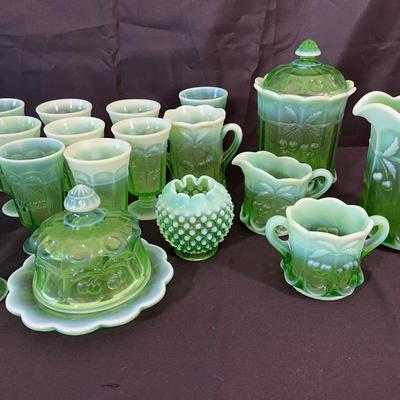 Vaseline Glass | Mosser Glass | Green Opalescent Glass Cherries Cable Thumbprint Pattern