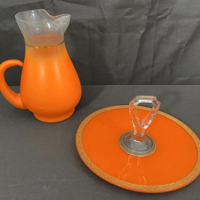 Orange Satin Glass Pitcher & Art Deco Center Handle Tray | Vintage Glassware