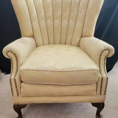 Vintage Fan-Back Upholstered Armchair – Floral Jacquard, Nailhead Trim & Cabriole Wood Legs