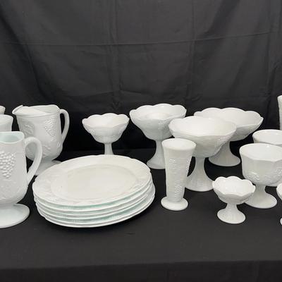 Indiana Colony Grape Milk Glass Collection | 21 Pieces | Pitchers, Platters & Vases