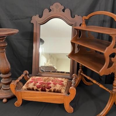 Antique Wood Furniture Grouping | Mirror, Pedestal Stand, Footstool & Tiered Shelf