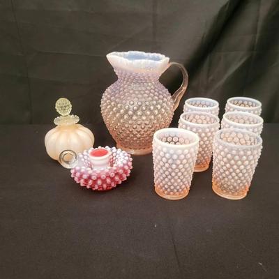 Fenton Hobnail Glass Lot – Pink Opalescent Pitcher, Tumblers & Perfume Bottles