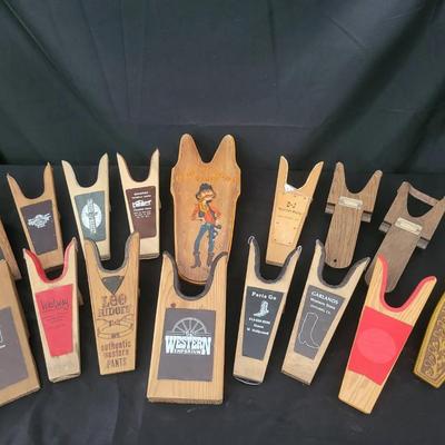 Lot of Vintage Wooden Boot Jacks – Western Cowboy Style with Advertising & Decorative Designs