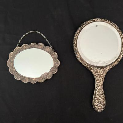 Silver Hand Held Vanity Mirror | Sterling Silver 900 Oval Ornate Hanging Mirror 