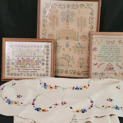 Framed Cross Stitch Samplers & Embroidered Linen | Vintage Needlework Collection