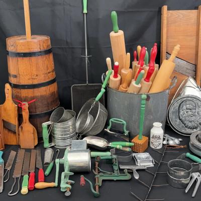 Primitive Farmhouse Kitchenware Lot | Butter Churn, Rolling Pins, Utensils & Bakeware