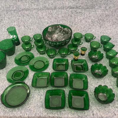 Forest Green Depression Glass Lot | 35+ Pieces Punch Bowl, Cups, Bowls & Plates
