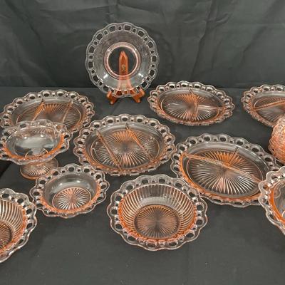 Vintage Anchor Hocking Pink Depression Glass Collection – Lace Edge Pattern | 33 Pieces