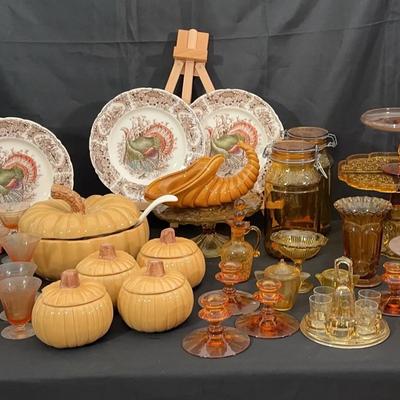 Fall Tableware | Johnson Bros Turkey Plates, Williams-Sonoma Pumpkin Tureens & Amber Glassware