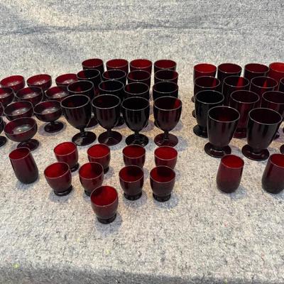 Vintage Ruby Red Glassware Collection | Goblets, Wine Glasses, Cordials & Tumblers | 55 Pieces