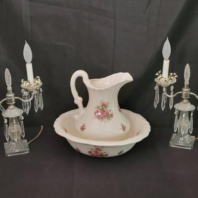 Porcelain Pitcher & Bowl with Floral Design and Pair of Crystal Candelabra Lamps