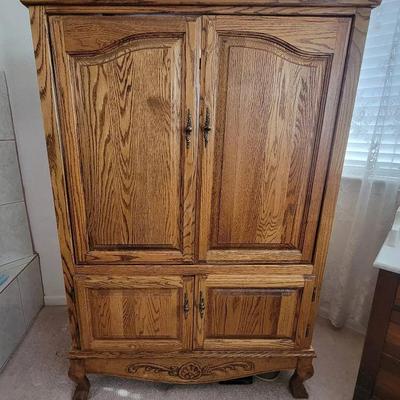 Solid Oak Armoire Cabinet with Carved Detail | Storage or Media Wardrobe