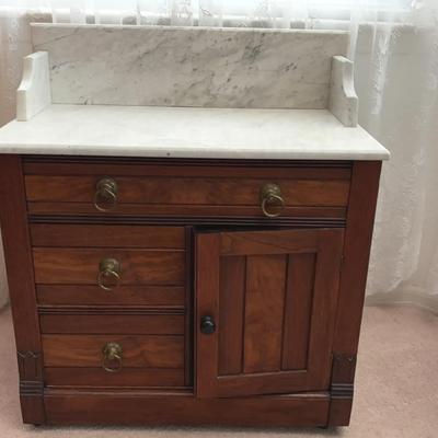 Antique Victorian Marble Top Washstand – Wood with Drawers, Brass Pulls & Cabinet Door 